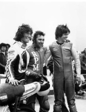 Keith, Reg Pridmore and Pierre DesRoaches after winning the 1977 AFM Six Hour race at Ontario Motorspeedway.