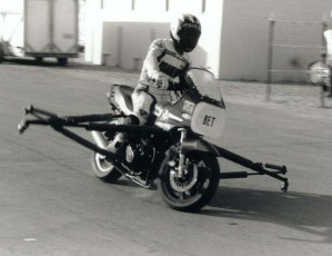 1994, the Brake Rig. Keith locks up the front wheel on his brake trainer device.