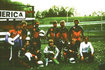 A group of students at Road America in 1983 with Kawasaki team rider, Wes Cooley, one of Keith's students.