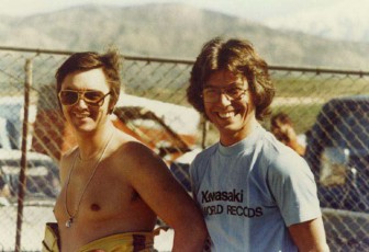 Reg Pridmore and Keith (Racecrafters Kawasaki team) at Laguna national in 1977.