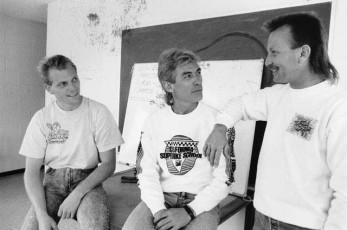 Scott Russell, Keith and Larry Rossler (Off road ace Kawasaki rider) swap lies at Willow Springs, 1991.