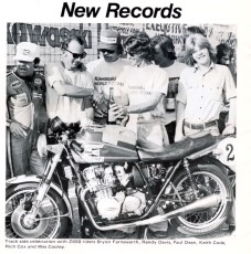 Trackside celebration for a newly set World Endurance Speed Record, 1977. Riders for this record along with Keith were Rich Cox, Paul Dean, Wes Cooley, Byron Farnsworth and Randy Davis.