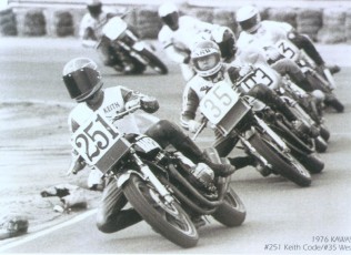 Classic Superbike racing, 1976. Keith leads Wes Cooley, Steve Mclaughlin, Reg Pridmore and Cook Nielsen through Riverside Raceway, turn 6.