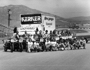 Riverside Raceway 1981. Wayne Rainey, Eddie Lawson, Jimmy Felice, Bubba Shobert, Ronnie Jones, Steve Storz, Don Shoemaker and school crew on the front straight.