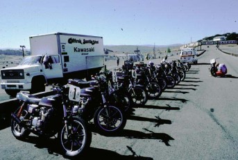 Our 'fleet' of KZ 550's in 1981 on the pit lane at Laguna.